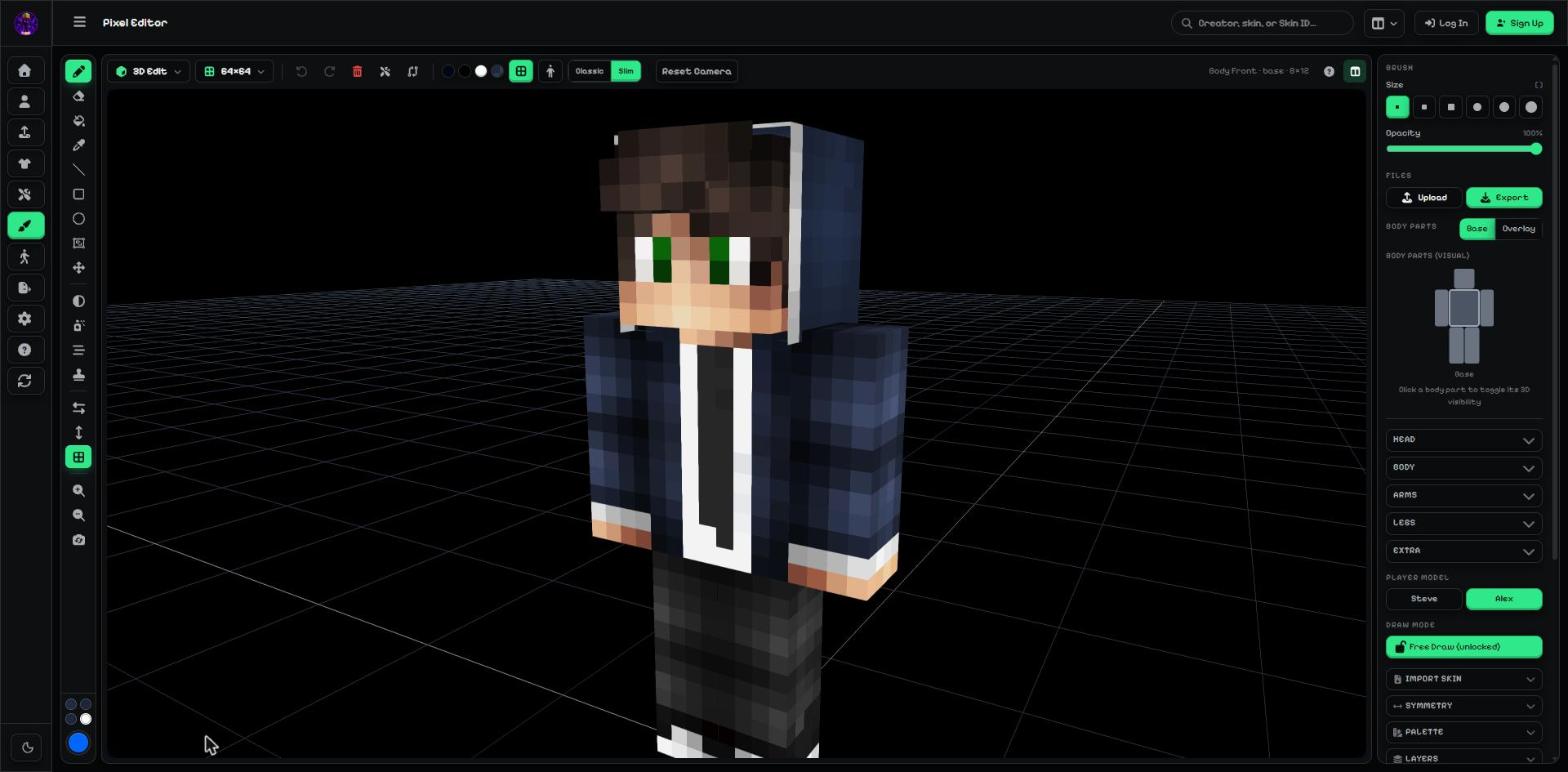 The skin editor with a skin on the 3D model