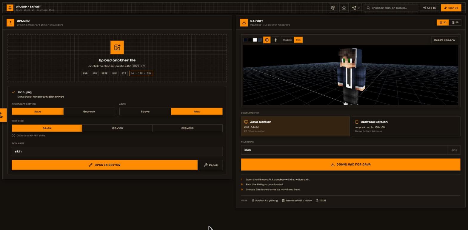 The Export side of the Upload / Export page